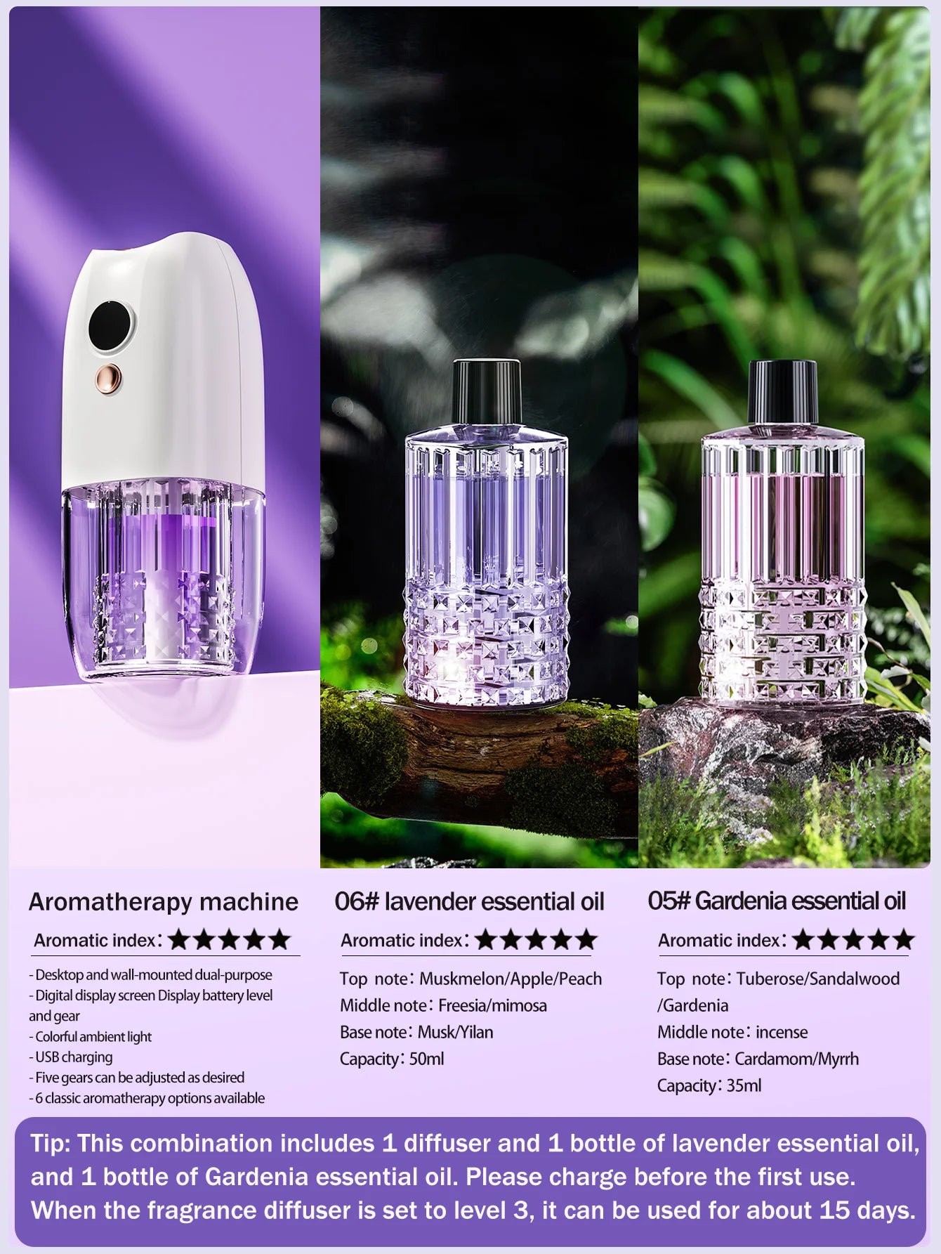 Multi-functional rechargeable portable aroma diffuser essential oil diffuser timer air freshener car home living room bathroom