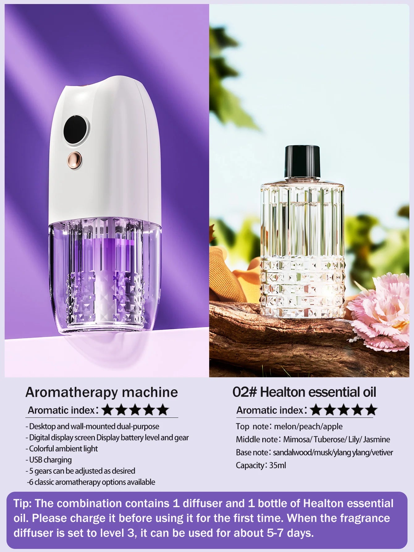 Multi-functional rechargeable portable aroma diffuser essential oil diffuser timer air freshener car home living room bathroom